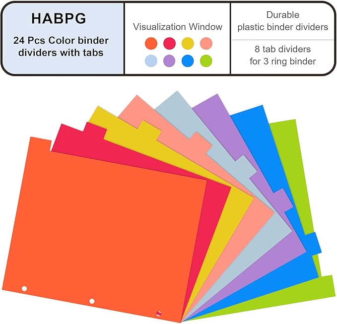 HABGP 24Pcs/3 Set 8 Tab Dividers for 3 Ring Binder, 24 Pcs Multicolor 3 Ring Binder Dividers with Tabs, Page Folder Dividers, Plastic Tabbed File Dividers with Tabs, Three Ring Binder Index Dividers