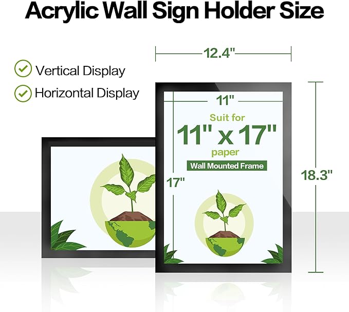 5Pack 11" x 17" Acrylic Sign Holder Wall Mount, Self Adhesive Magnetic Display Frame with Nano Tape and Strong Magnetic Border for Wall, Door, Glass, Home, Store, Office, Black