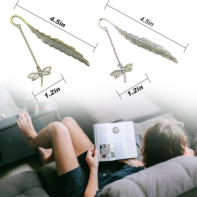 2 Pack Vintage Feather Metal Bookmark, Unique Glow in The Dark Bookmark Gift for Men Women (Dragonfly 2 Pack)