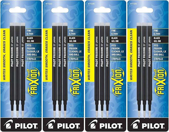 PILOT FriXion Gel Ink Refills for Erasable Pens, Fine Point, Black Ink, 4 Pack of 3 Reffils each (77330)