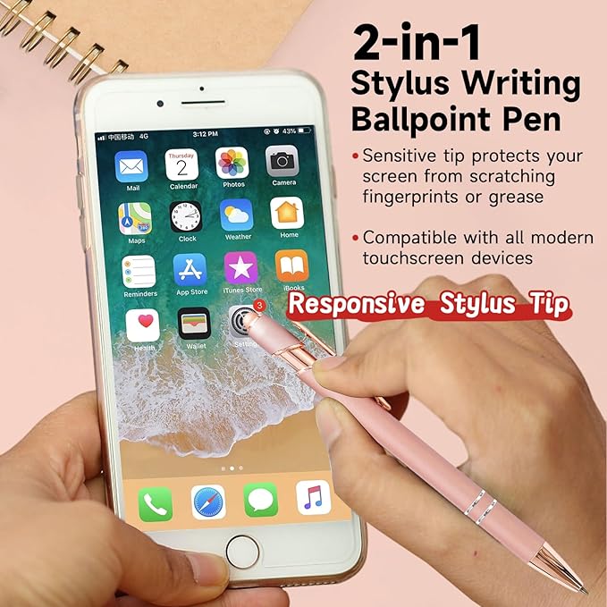 Ballpoint Pens, 6 Pack Rose Gold Metal Pens Black Ink Pens, 1.0mm Medium Point Stylus Pens for Touch Screens, Cute Pens Teacher Gifts Office Supplies for Women (6 Pcs Rose Gold, No Words)