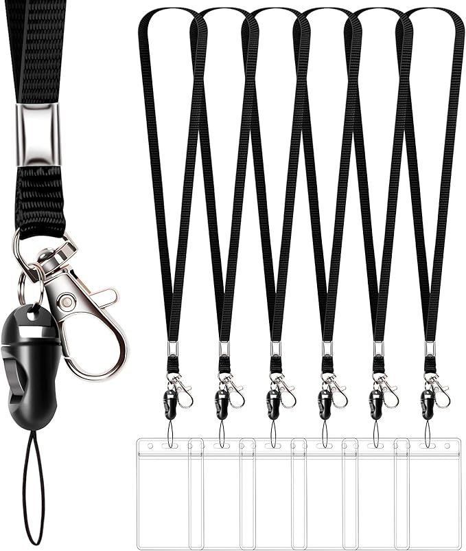 6 Pack Neck Lanyard with ID Badge Holder, Office Strap Lanyards, Stainless Metal Swivel Hook for Name Tag, Badge Holders, Keychains, Card, Black