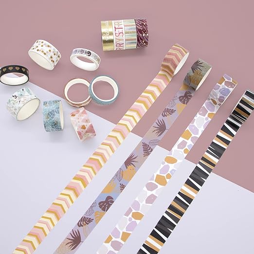 WAPETASHI 16 Rolls Washi Tape Set - Aesthetic Adhesive Tape with Gift Box, Gold Foil Decorativ Tape for Schcool Supplies, Bullet Journals, Scrapbooking, DIY Craftst -20/15/10mm Wide