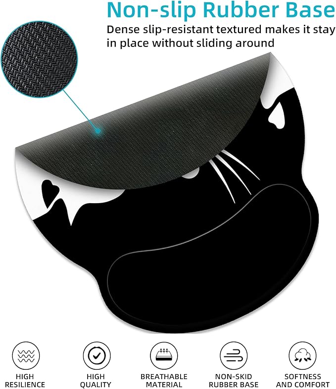 Ergonomic Mouse Pad with Wrist Support,White and Black Cat Mouse Pad with Wrist Rest,Relieve Wrist Pain Mousepad Non-Slip Rubber Base,Mouse Pads for Desk,Computers,Laptop,Office,Home,Accessories