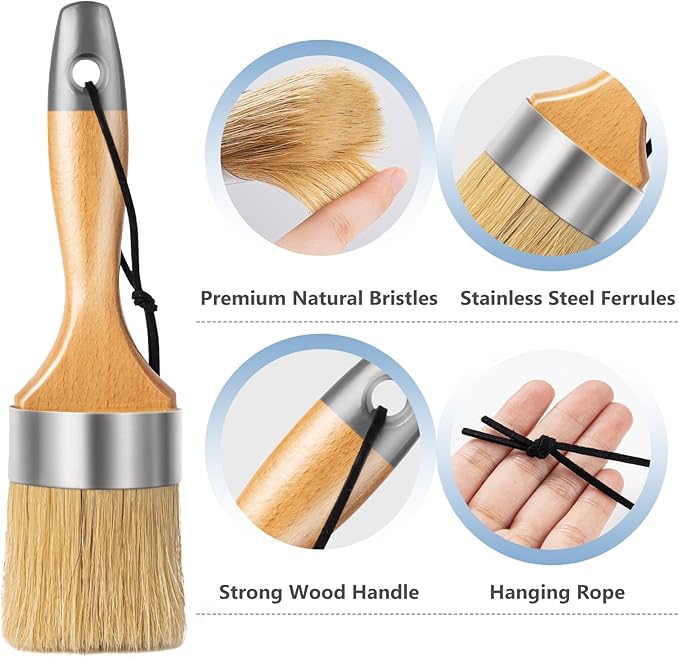 Mister Rui Chalk Paint Brush, Wax Paint Brush Set 3 Pack, Round Paint Brushes Use with All Paints, Natural Bristle Brushes for Painting or Waxing, Home Decor, DIY Art Crafts