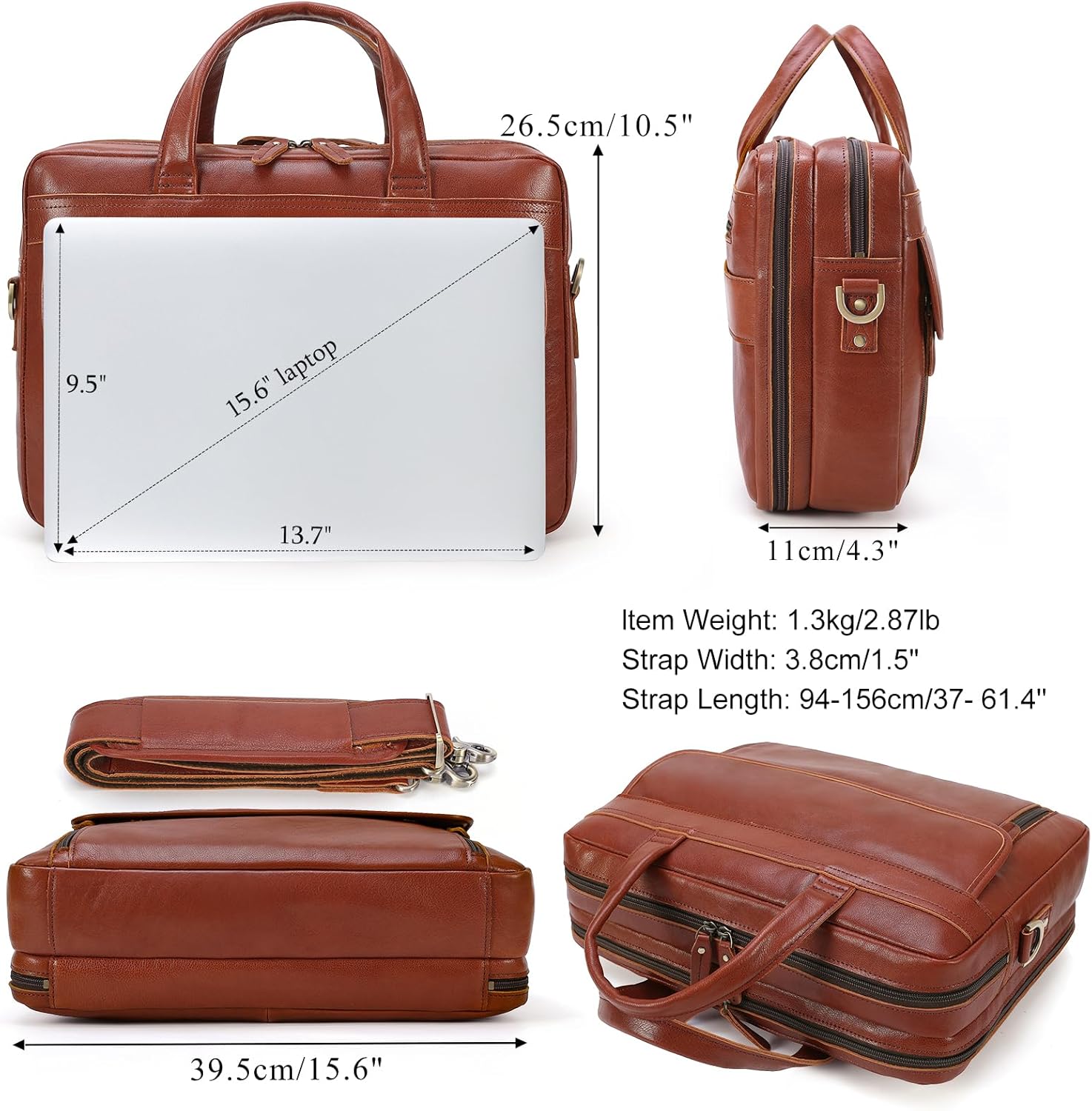 Masa Kawa Leather Briefcase for Men 15.6" - 17" Laptop Computer Case Business Travel Work Messenger Cross Body Shoulder Bag