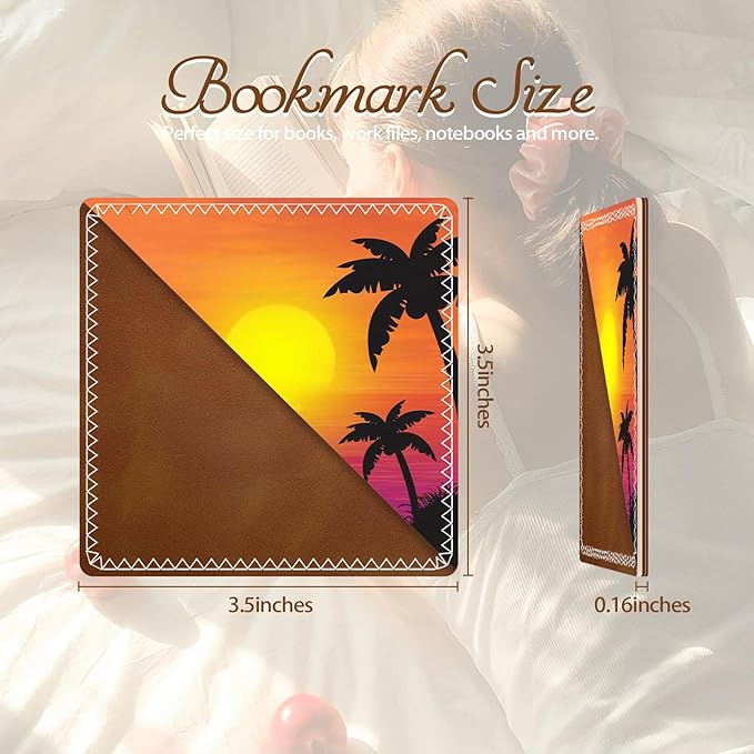 3 Pieces Leather Bookmarks, Personalized & Cute Book Accessories for Reading Lovers, Page Markers for Women Men Girls Boys Student Teacher Kids Retirement Birthday Gifts (Sunset, Coconut Trees)