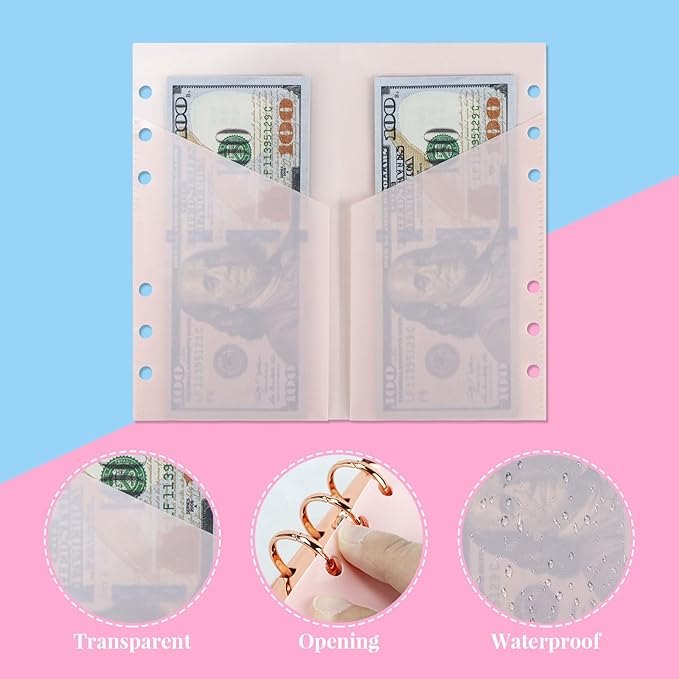 A6 Binder Pockets with No Zipper, Koqye Blue 10 Pcs Plastic Zipless Budget Envelopes, Two Pockets Frosted Cash Envelopes Money Bag for Budgeting, Cash Stuffing (Light Pink - 1 Set)
