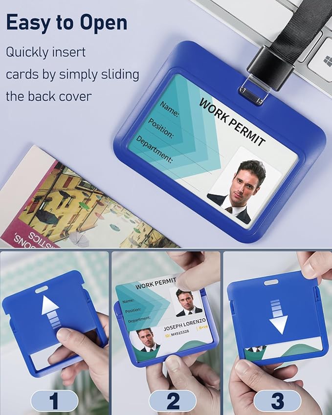 Uniclife 3 Pack Sliding ID Badge Holder Blue Horizontal Hard Plastic Case with Clear Window Card Protector Pouch for Office School ID Credit Cards Proximity Key Cards Driver’s Licenses and Passes
