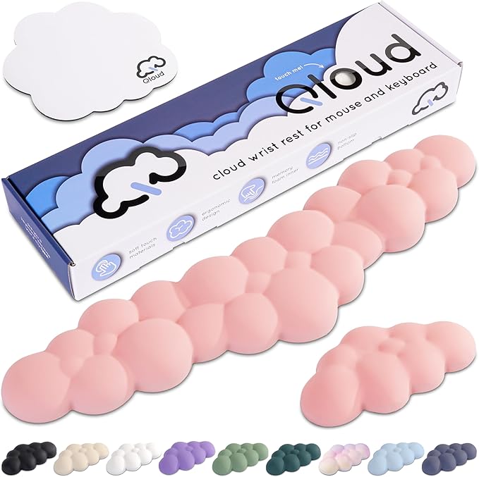 Qloud Cloud Wrist Rest Keyboard Wrist Rest for Computer Keyboard Pad, Cloud Keyboard Wrist Rest, Wrist Pad for Keyboard, Memory Foam, Non Slip Base, Comes with Mouse Pad - Pastel Pink