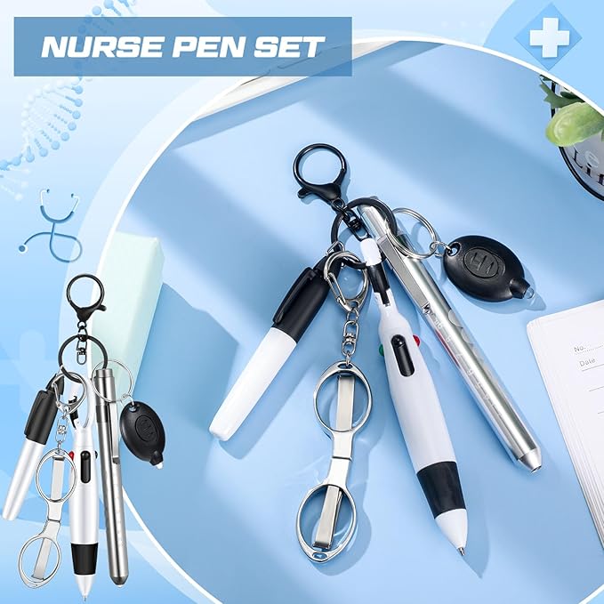 6 Pcs Nurse Pen Set Include Permanent Marker Pen Retractable Ballpoint Pen Keychain Clip Foldable Scissors Lights LED Flashlight Keychain for Nurse Accessories(Silver)