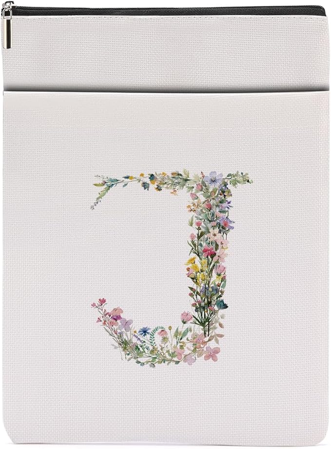 Monogrammed Book Sleeve Floral J Initial Book Pouch Book Accessories Book Lovers Gifts Waterproof Book Cover Book Protector Bookish Gifts Personalized Gifts for Women Girls Readers Bride Bestie