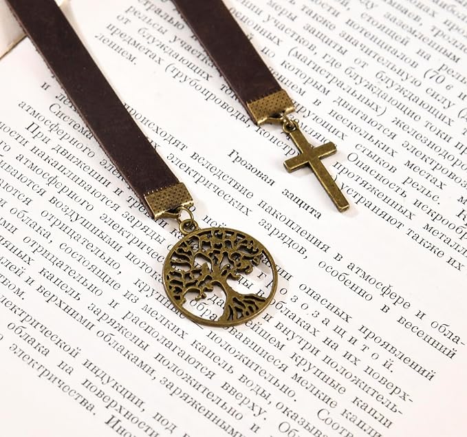 Bookmarks, Handmade Retro Cross Tree of Life Bible Bookmark with Long Leather Straps, Christian Saint Book Mark, Ideal Christian Gift (Style 13)