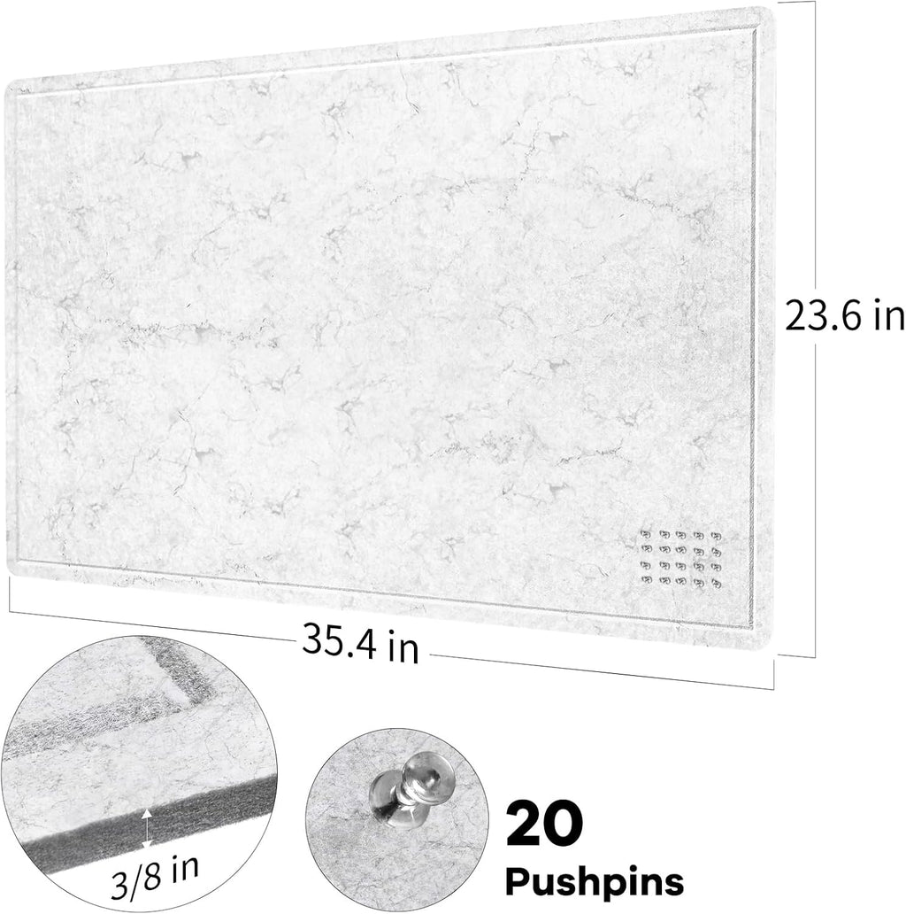 Bulletin Board, 36 x 24 inches Felt Board - Decorative Pin Board, Cork Board Alternative for Wall, 3' x 2' Foldable Picture Board Self-Adhesive Vision Board with 20 Pushpins - Marble White
