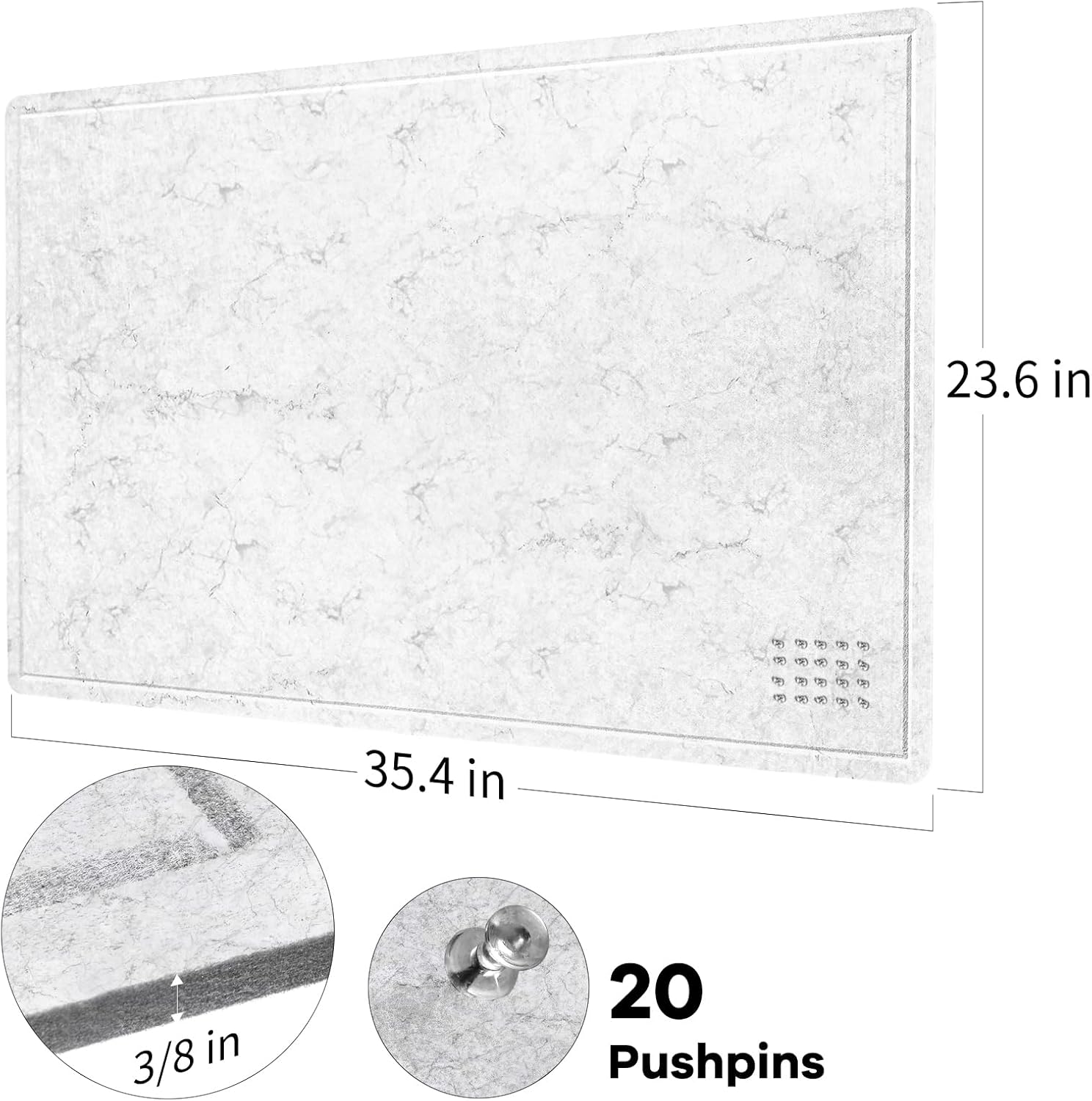 Bulletin Board, 36 x 24 inches Felt Board - Decorative Pin Board, Cork Board Alternative for Wall, 3' x 2' Foldable Picture Board Self-Adhesive Vision Board with 20 Pushpins - Marble White