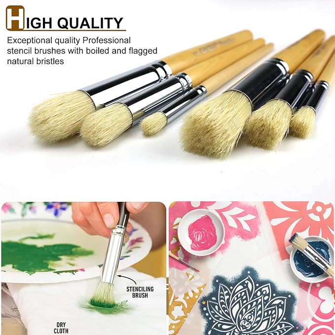 Wooden Stencil Brush Set, 6 Pieces Natural Hog Bristle Dome Stencil Brushes for Painting On Wood Wall, Stencil Projects, Card Making, DIY, Crafts and Acrylic Oil Watercolor Painting…