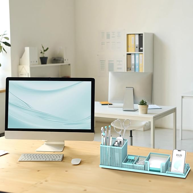 SUPEASY Pen Holder for Desk, 6 Piece Mesh Desk Organizer set, Desk Accessories for Office Organization with Mail Organizer, Letter Phone Holder, Sticky Notes Caddy Storage, Blue