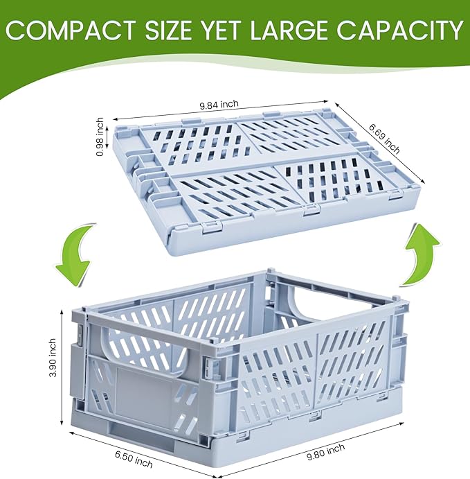 2-Pack Small Pastel Plastic Storage Baskets, Collapsible Crates for Organizing, Space-Saving Mini Bins for Classroom, Kitchen, Office, Bedroom (Blue, 9.8" x 6.5" x 3.8")