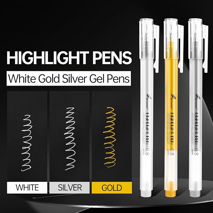 0.8mm Extra Fine Point 3 Colors Gel Pen Set White,Gold and Silver Gel Ink Pens for Artists, White Gel Pen, White Ink Pen, White Pens for Artists Drawing