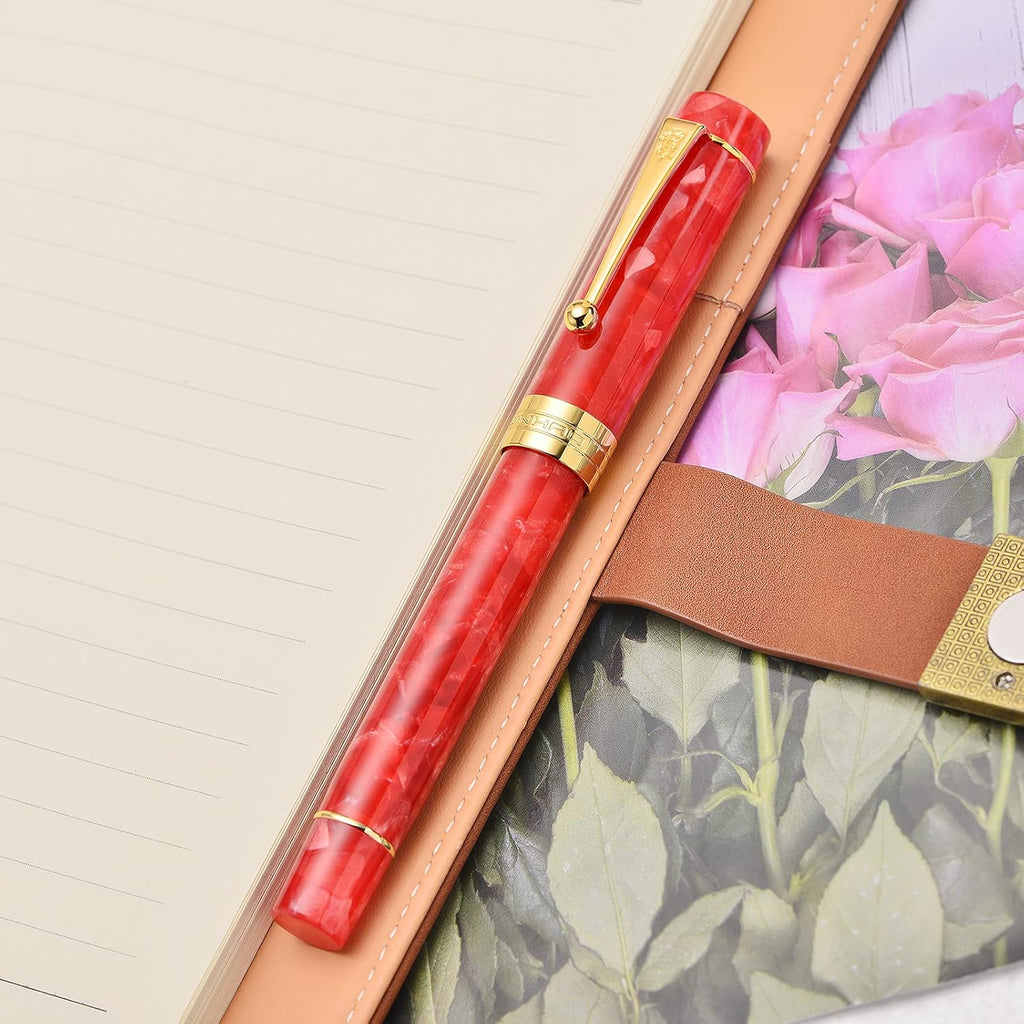 Jinhao 100 Fountain Pen Celluloid Classic Style, #6 Nib Smooth Writing Instrument with Refillable Converter and Pen Case Set