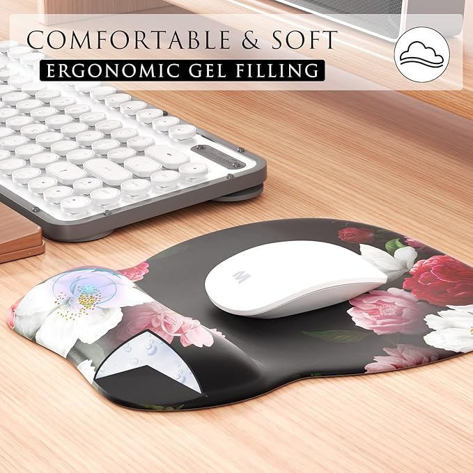 MROCO Ergonomic Mouse Pad with Wrist Support Gel Mouse Pad with Wrist Rest, Comfortable Computer Mouse Pad for Laptop, Pain Relief Mousepad for Office & Home, 9.4 x 8.1 in, Black Flower