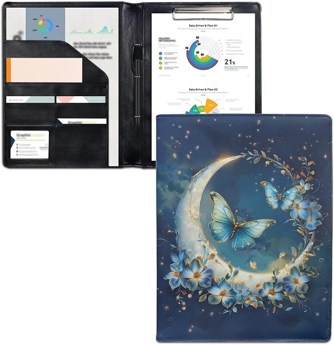 Cozeyat Padfolio Portfolio Leather Binder for Women, Interview Legal Document Organizer, Moon Butterfly Business Card Holder Letter Sized Writing Pad File Folders