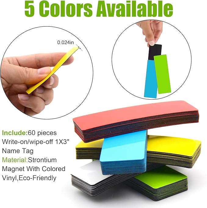 Dry Erase Magnetic Labels (1x3,Pack of 60),Write On Magnets Sticker,Real Waterproof/Reusable for Classroom&Office&Cabinet&whiteboard&Fridge&More (Multicolor)