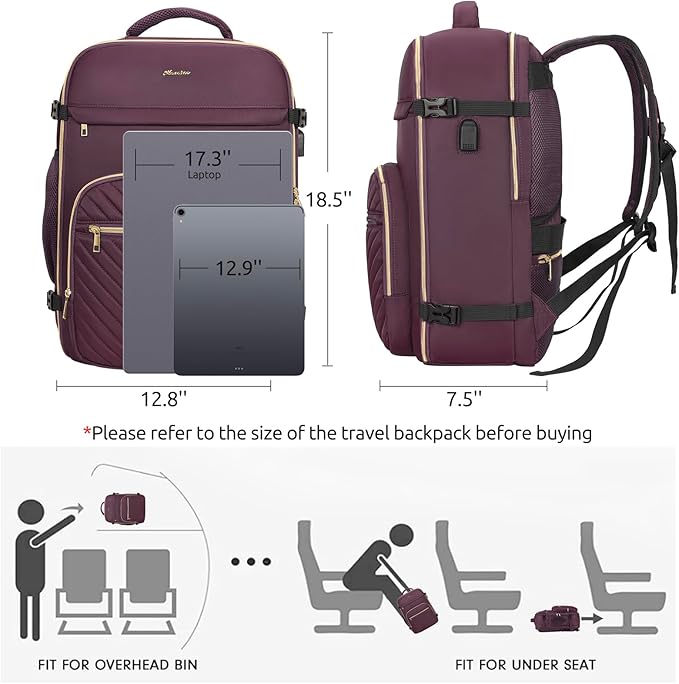 Travel Backpack for Women, Carry On Backpack for Airplanes Flight Approved, Waterproof Large Weekender Overnight Bag Fit 17 Inch Laptop with USB Charging Port, Dark Purple
