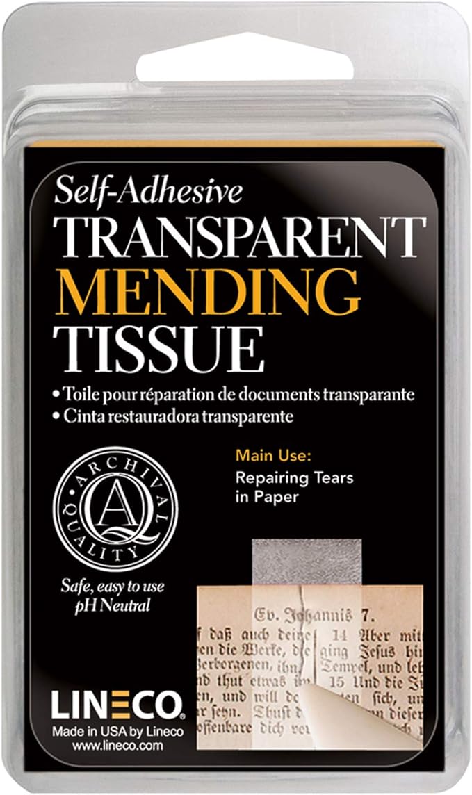 Lineco Archival Document Repair Tape, Repairs Paper Documents, Book Pages, Maps, Ephemera, Photos and Printed Artwork. Ideal for Family Archivist, Acid-Free Translucent Tape 0.5" x 12', Pack of 1