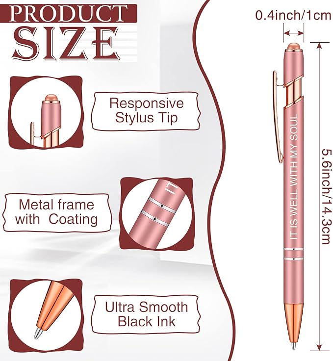 Zonon 12 Pieces Inspirational Pens Bulk Easter Basket Stuffers Motivational Quotes Ballpoint Pens with Stylus Tip Inspirational Gifts for School Office Teachers(Rose Gold,Bible Style)