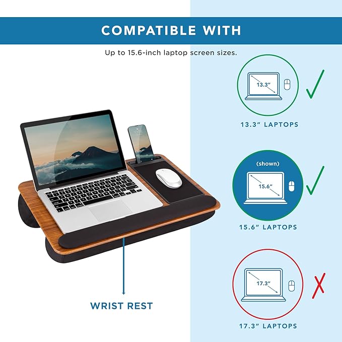LAPGEAR Home Office Pro Lap Desk with Wrist Rest, Mouse Pad, and Phone Holder - Espresso Woodgrain - Fits up to 15.6 Inch Laptops - Style No. 91612