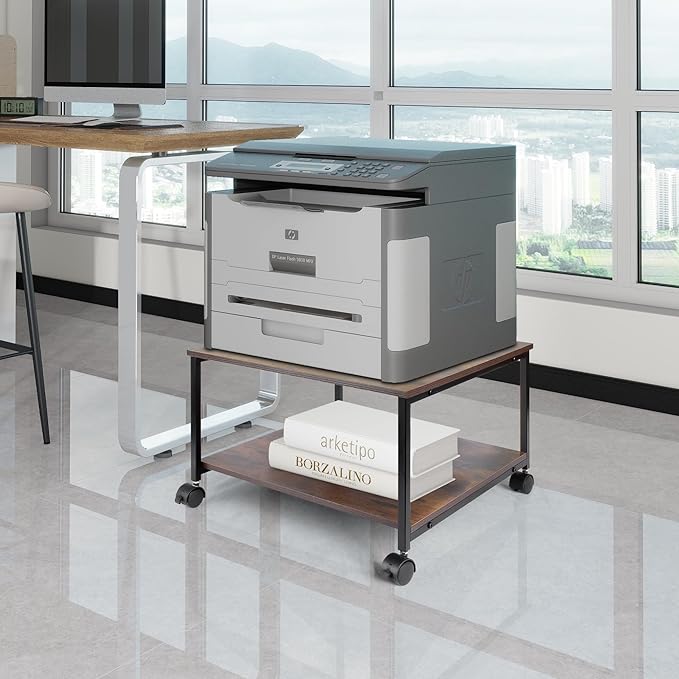 EMERIT 2-Tier Under Desk Printer Stand w/Storage - 19.5x19.5x12.8''Heavy Duty Rolling Cart, Mobile Printer Table with Lockable Wheels for Home Office Organization - Industrial Style