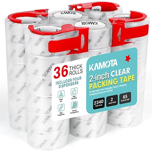 KAMOTA Packing Tape, 36 Rolls Heavy Duty Clear Packaging Tape for Shipping Packaging Moving Sealing, 2 inches Wide, 65 Yards Per Roll, Total 2340 Yards with 4 Dispensers