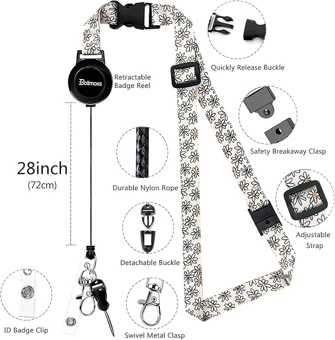 bolimoss Floral ID Name Badge Card Holder, Leather Badge Holder with Adjustable Retractable Lanyards, Breakaway Lanyards with Swivel Metal Clasp for Women Nurse Teacher Student