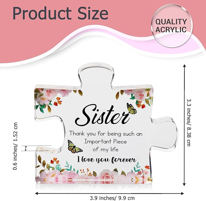 VELENTI for Sister - Engraved Acrylic Puzzle Piece with Heartfelt Message - Perfect Sister Birthday, Thanksgiving, Paperweights - Cute Decoration for Home, Office