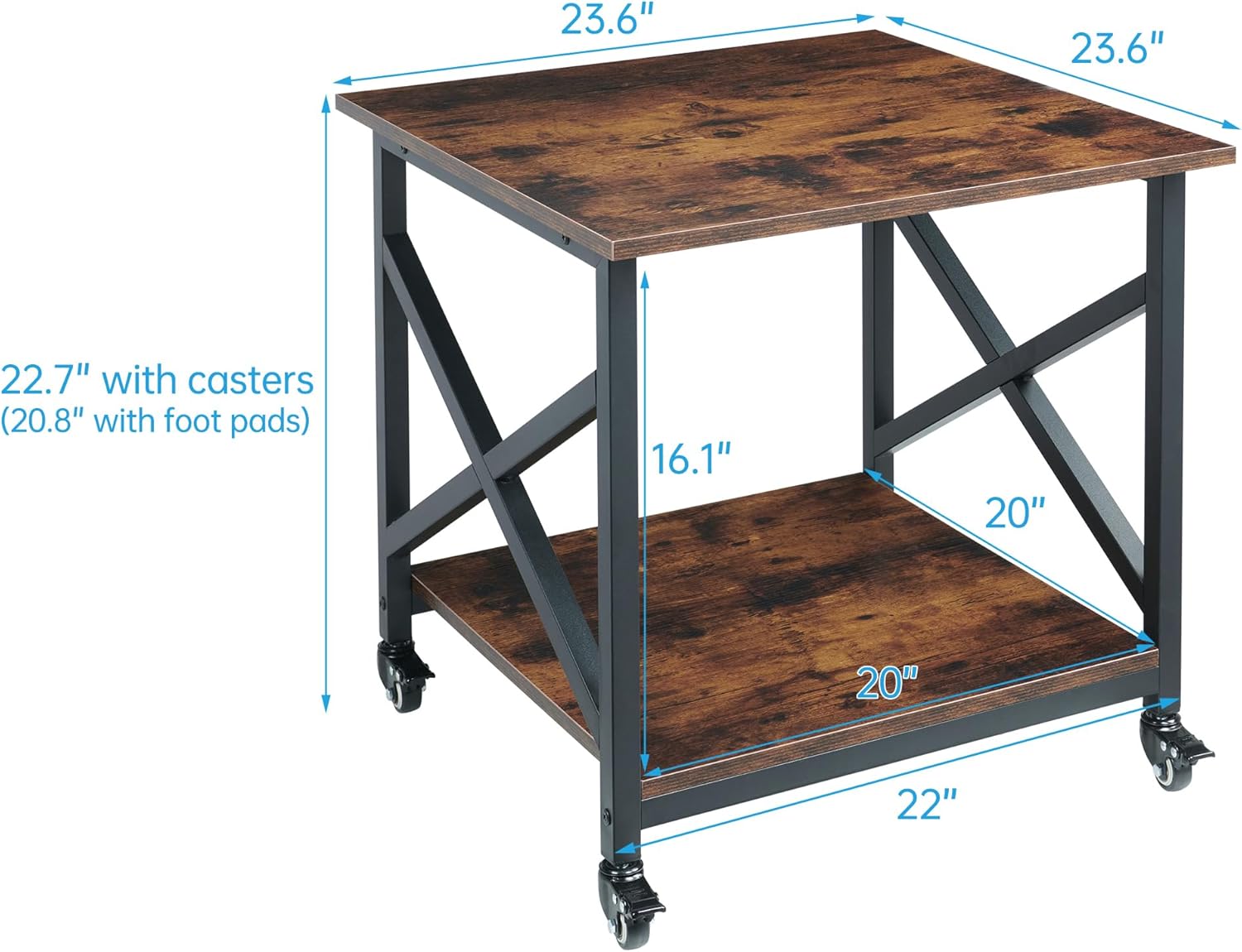 Large Printer Stand, 23.6 x 23.6 x 22.6 Inches Square Printer Table with Storage Shelf, 2 Tier Rolling Printer Cart with Industrial Wheels for Home Office - Rustic Brown