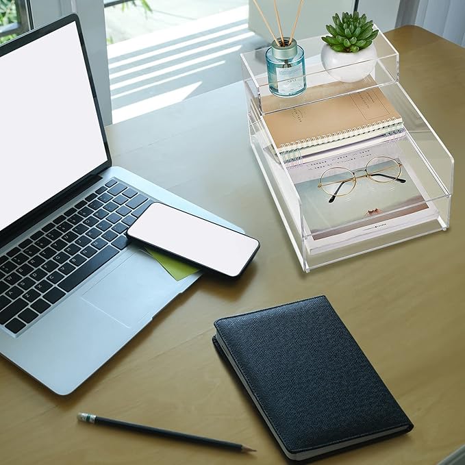 Yulejo Stackable Acrylic Paper Tray Clear Acrylic Desk Organizer Letter Size Paper File Tray for Office Document Workspace Desktop (5 Tier)