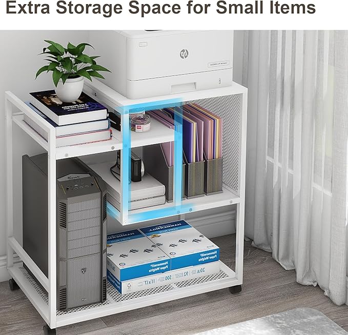 Natwind Mobile Printer Stand with Wheels,Computer Host Cart,PC Tower Stand, Multi-Functional Organizer Shelf for Shredder, Scanner, CPU,File Papers and Other Office Supplies (White)