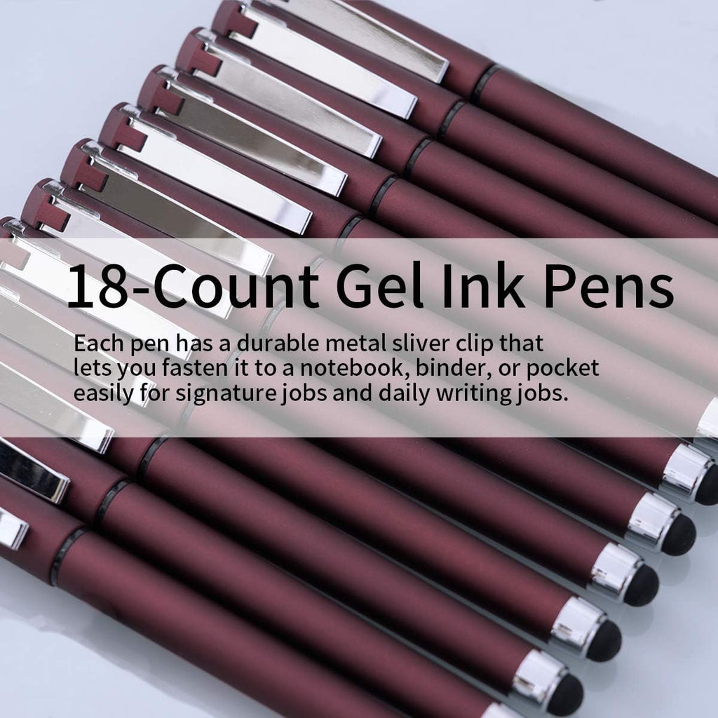 MiSiBao 0.7mm Black Ink Gel Ink Rollerball Pens 2 in 1 Medium Point Pens with Stylus Work Pen Smooth Writing for Office Black gel pen (Burgundy-18pack)