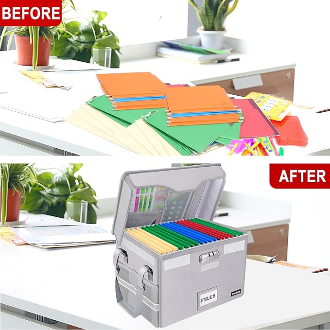 DocSafe File Box Fireproof Document Box with Lock,File Storage Organizer Box with Insert Pockets,Collapsible Portable Filing Box Home Office File Cabinet with Handle for Hanging Folder,Silver,2 Pack