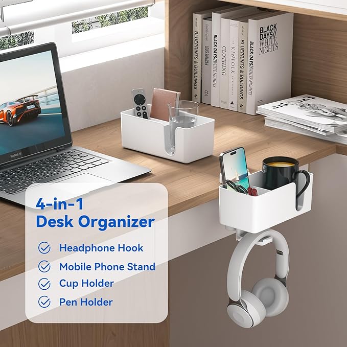 KDD 4 in 1 Desk Cup Holder - Clamp on Under Desk Headphone Hanger - Rotating Headphone Holder Detachable Pen Cup Holder Desk Storage for Cup, Phone and Pen(White)