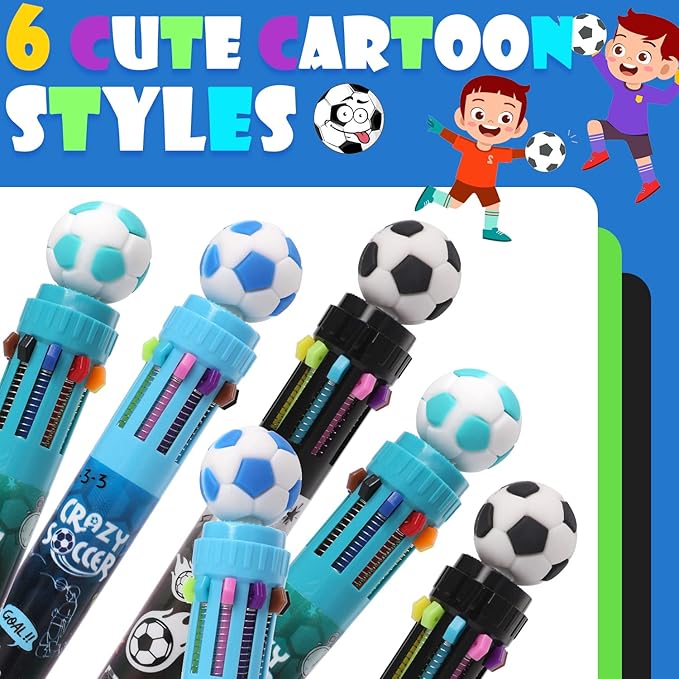 Multicolor Ballpoint Pen 0.7 mm, 10-in-1 Colored Pens Fine Point Retractable World Cup Soccer Ballpoint Pens for Office School Supplies Students Kids Gifts, 6 Pack