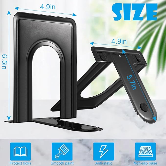 14 PCS/7 Pair Bookends,Book Ends for Shelves,Metal Bookends,Heavy Duty Bookends,Black Book Ends,Non-Skid Bookend,Universal Book Stopper for Heavy Books/Movies/CDs,Office Home,6.5 x 4.9 x 5.7in