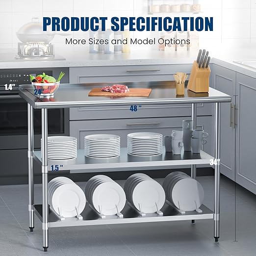Stainless Steel Table 24 x 48 Inches Metal Prep Table with 2 Adjustable Undershelves & Backsplash, Work Table for Commercial Kitchen, Restaurant, Outdoor & Garage