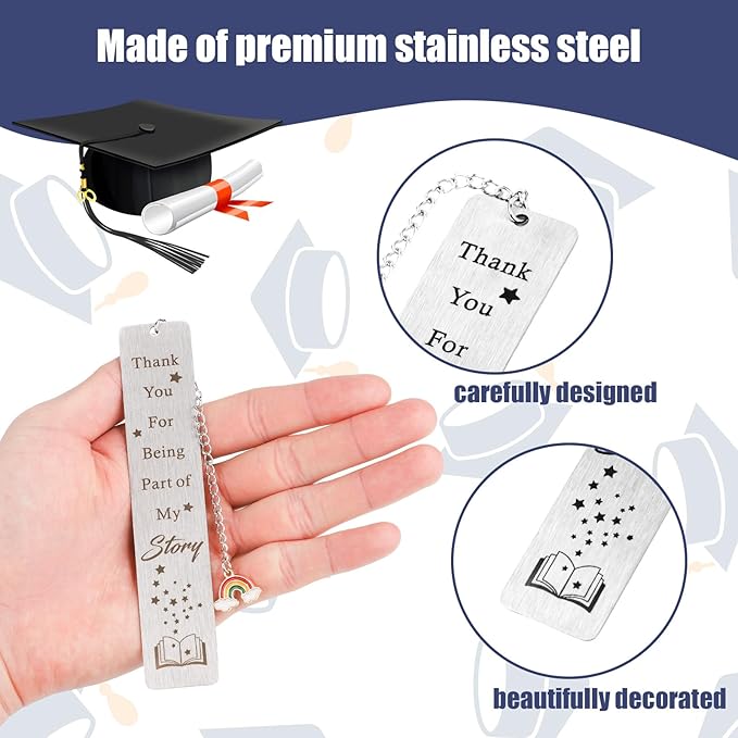 Teacher Appreciation Bookmark, Metal Graduation Bookmark for Teacher Thank You Book Marker with Rainbow Charm Stainless Steel Teacher Bookmark Students Gifts Gratitude for Tutors, with Gift Box