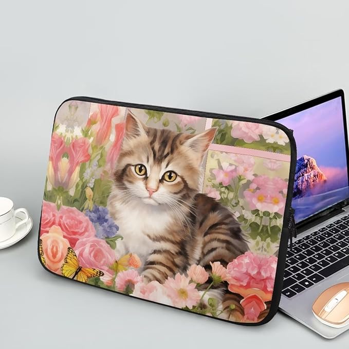 Cat Rose Printed Laptop Bag for Women Men, Lightweight Laptop Briefcase 15 Inch Shockproof Computer Carrying Cover with Zipper, Easy to Carry Laptop Case Bag for Daily Commuting