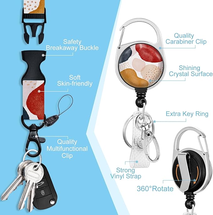 ID Badge Holder with Breakaway Lanyards, Badge Holder with Retractable Reel Clip, Boho Abstract Art Name Tag Lanyard Vertical ID Card Protector for Women Teacher Nurses Doctor Student