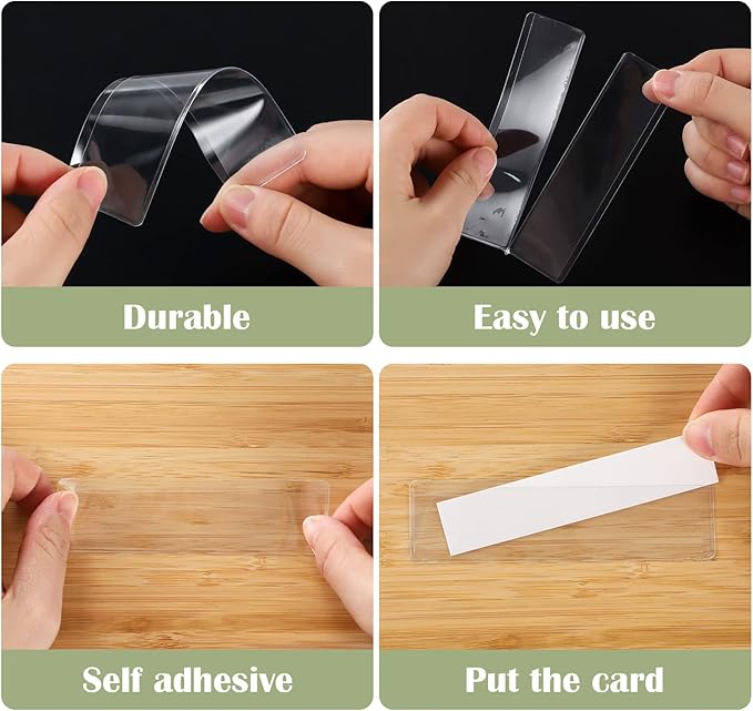 60 Pack 1.2" x 4.3" Self Adhesive Label Holders with 60Pcs Paper Label Inserts, Shelf Tag Label Holder Clear Pockets for Bookshelf Mailbox Shelves Storage Bins