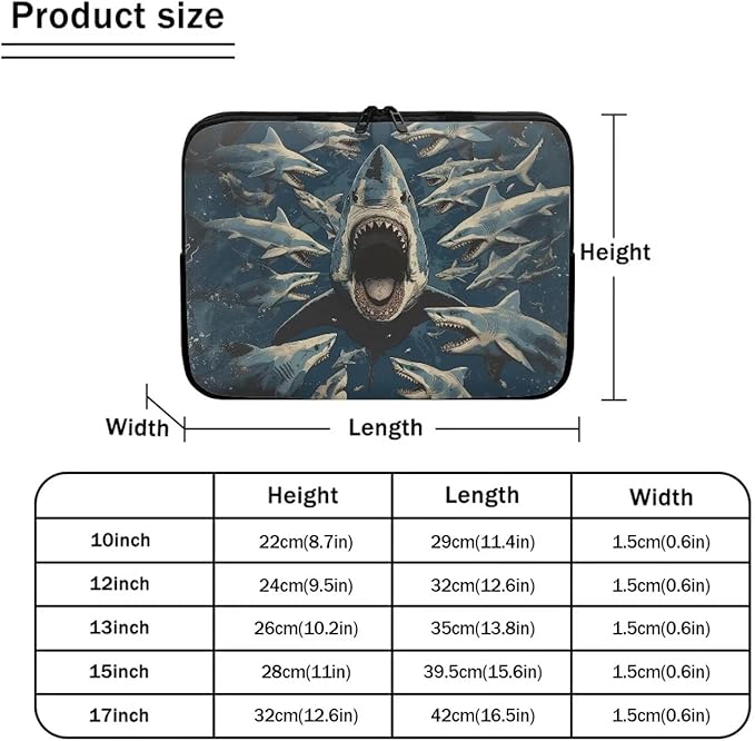 Shark Print Laptop Briefcases for Men Women, Lightweight Laptop Sleeve Case Water Resistant Neoprene Computer Carrying Cover 10 Inch Laptop Carrying Bag