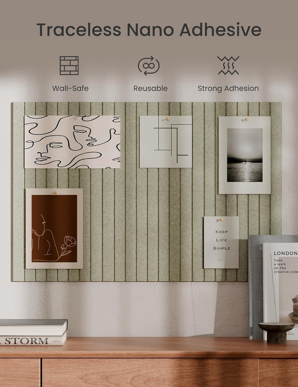 Bumusty Large Cork Board Alternative-36 x24 Felt Bulletin Board Tiles, with 30 Pushpins, 40 Adhesive Tabs, 6-Pack Slat Wall Paneling, Cork Boards for Office Push Pin Board Felt Board-Sage